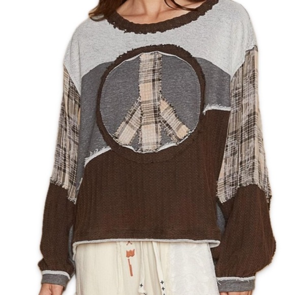 POL Sweat shirt Peace Sign Free Terry Boho / Peace Top Patchwork L Boutique - Picture 15 of 15